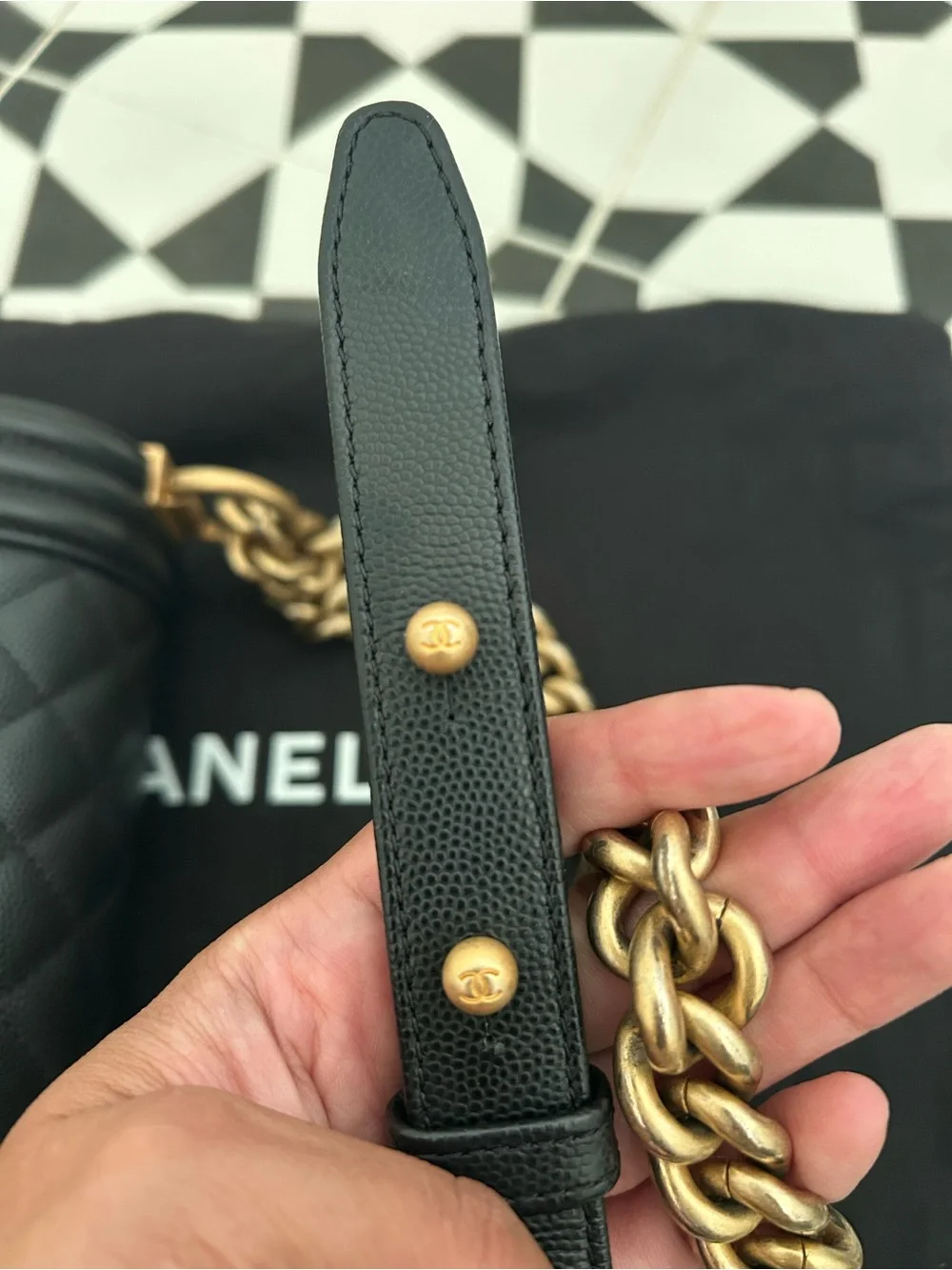 CHANEL Small Boy Bag Black Caviar Leather Brass